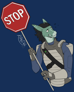 anthro armor bandolier black_hair clothed clothing green_body hair holding_object male shirt simple_background solo stop_sign text topwear transparent_background kittydee leo_(maaarked_one) durachev lizard reptile scalie 2024 alpha_channel digital_media_(artwork) english_text half-length_portrait hi_res portrait