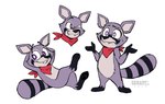 anthro gesture hands_behind_head kerchief male neckerchief neckwear one_eye_closed purple_eyes sharp_teeth shrug simple_background solo standing teeth white_background wink serareldeer indigo_park rambley_raccoon mammal procyonid raccoon hi_res