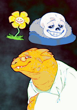 anthro beady_eyes bone clothed clothing coat eyewear female flower fur_collar glasses green_body grin group heart_eyes heart_symbol hoodie lab_coat overbite plant scales sharp_teeth simple_background skeleton smile teeth topwear trio white_body yellow_body yellow_eyes yellow_scales megalogrowmon undertale undertale_(series) alphys flowey_the_flower sans_(undertale) animated_skeleton elemental_creature flora_fauna flower_creature lizard reptile scalie undead bust_portrait portrait