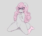 anthro breasts eyewear female genitals glasses grey_background hair kneeling looking_at_viewer nipples pink_hair pussy simple_background small_breasts smile solo miu jam_(miu) mammal unknown_species