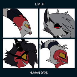 album_cover_parody album_redraw anthro black_hair female grey_hair group hair horn male red_body red_eyes red_skin simple_background text white_background white_hair yellow_eyes anonymous_artist vivzmind demon_days gorillaz hellaverse helluva_boss mythology blitzo_(helluva_boss) loona_(helluva_boss) millie_(helluva_boss) moxxie_(helluva_boss) canid canid_demon canine demon hellhound humanoid imp mammal mythological_canine mythological_creature album_cover cover traced