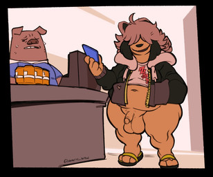 anthro balls belly big_balls black_nose bodily_fluids bottomless cash_register casual_exposure clothed clothing electronics exhibitionism flaccid floppy_ears footwear fur genitals hair hair_over_eyes hoodie jacket male navel overweight overweight_anthro overweight_male penis phone public public_exposure public_nudity sandals shoes simple_background slightly_chubby slightly_chubby_male solo stubble sweat sweatdrop thick_thighs topwear submarine_screw robin_(submarine_screw) canid canine canis domestic_dog domestic_pig herding_dog mammal pastoral_dog sheepdog suid suine sus_(pig)