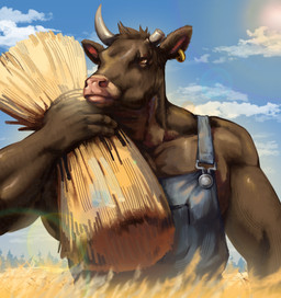anthro ear_piercing hay horn light male pecs piercing realistic solo sunlight yellow_eyes kawekku_sup bovid bovine cattle hybrid mammal absurd_res digital_media_(artwork) digital_painting_(artwork) hi_res painting_(artwork)
