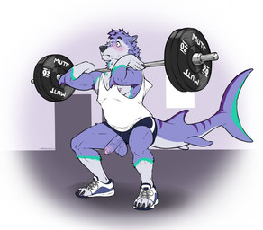 anthro athletic athletic_anthro athletic_male ball_slip balls blue_body blue_fur blue_penis blush bodily_fluids bottomwear clothing crouching erection exercise footwear foreskin fur furgonomic_footwear furgonomics genitals grey_body grey_fur humanoid_genitalia humanoid_penis male male_anthro nipples penis penis_poking_out pink_penis purple_body purple_fur shirt shoes shorts solo sweat tail tank_top teal_body teal_fur topwear vein veiny_penis wardrobe_malfunction weightlifting workout labradorszn aquatic canid canine canis domestic_dog fish hybrid mammal shark 2025 hi_res