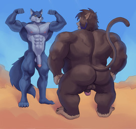 anthro blue_body blue_fur brown_body brown_fur duo fur male muscular muscular_male nude mariamame dragon_ball dragon_ball_super dragon_ball_z bergamo canid canine canis mammal oozaru primate saiyan wolf hi_res