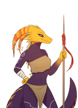 anthro arm_wraps black_sclera bottomwear bracelet clothed clothing female holding_object holding_weapon jewelry loincloth looking_at_viewer markings melee_weapon polearm skimpy solo spear tail tribal weapon wraps kpz-70_(artist) rain_world videocult lizard_(rain_world) reptile scalie yellow_lizard_(rain_world)