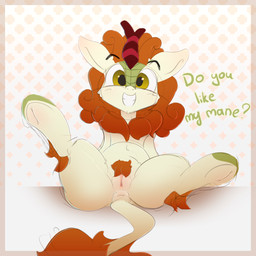 dialogue female feral genitals grin hooves looking_at_viewer pattern_background presenting simple_background smile solo spread_legs spreading text underhoof vulva n0nnny asian_mythology chinese_mythology east_asian_mythology friendship_is_magic hasbro my_little_pony mythology autumn_blaze_(mlp) dragon equid kirin mammal mythological_creature mythological_scalie scalie 1:1 2018 english_text
