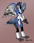 anthro beak bikini black_body black_feathers black_scales blue_body blue_feathers breasts claws clothed clothing feathers female gun handgun holding_gun holding_object holding_ranged_weapon holding_weapon holster non-mammal_breasts orange_eyes pistol ranged_weapon scales skimpy slim solo swimwear thigh_holster tight_clothing two-piece_swimsuit weapon white_body white_feathers scott_ruggels orange04_(character) avian bird blue_jay corvid jay_(bird) new_world_jay oscine passerine 2008 signature