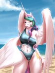 anthro beach belly_cutout biped breasts clothed clothing cutout day detailed_background eyebrow_through_hair eyebrows eyelashes feathered_wings feathers female fingers fur hair hand_behind_head hand_on_hip horn long_hair multicolored_hair multicolored_tail navel one-piece_swimsuit outside pink_eyes sand seaside sharkini shoreline side_cutout single_strap single_strap_clothing single_strap_swimsuit single_strap_swimwear sky smile solo standing swimwear tail translucent translucent_hair water white_body white_feathers white_fur wings mykegreywolf friendship_is_magic hasbro my_little_pony mythology princess_celestia_(mlp) equid equine mammal mythological_creature mythological_equine winged_unicorn 2021 3:4 absurd_res digital_media_(artwork) hi_res portrait three-quarter_portrait