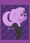 abs animal_genitalia animal_penis anthro big_penis black_pawpads blush bottomwear canine_genitalia canine_penis claws clothing dipstick_tail dominant eyebrows floppy_ears fur genitals looking_at_viewer male markings muscular muscular_male nipples pants pawpads pecs penis purple_background purple_body purple_fur purple_penis purple_tongue simple_background solo tail tail_markings thick_eyebrows tongue vein veiny_penis youtuber fatbatdaddycat youtube uhyeah canid canine canis domestic_dog mammal