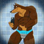 abs anthro broad_shoulders brown_body brown_fur bulge clothing electronics fur grope groping_crotch male muscular muscular_anthro muscular_male nipples pecs phone self_grope solo speedo swimwear fabfelipe road_rovers blitz_(road_rovers) canid canine canis dobermann domestic_dog mammal pinscher 1:1 hi_res