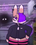 anthro brown_body choker dreamcore hair jewelry long_socks male necklace purple_eyes purple_hair solo thick_thighs victini_bnuuy victini_(vic_blyat) lagomorph leporid mammal rabbit hi_res