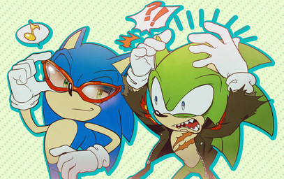 angry anthro blue_body blue_eyes blue_fur clothing duo eyewear fur gloves green_background green_body green_eyes green_fur handwear humor interrobang jacket looking_at_another male musical_note musical_symbol pattern_background sharp_teeth simple_background smile smug sunglasses symbol teeth topwear den255 archie_comics sega sonic_the_hedgehog_(archie) sonic_the_hedgehog_(comics) sonic_the_hedgehog_(series) scourge_the_hedgehog sonic_the_hedgehog eulipotyphlan hedgehog mammal