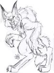 ambiguous_gender anthro claws digitigrade fangs feather_accessory finger_claws fur hunched_over nude open_mouth paws sharp_teeth snarling solo standing tail teeth toe_claws blondefoxy mythology lucky_(blondefoxy) canid canine mammal mythological_canine mythological_creature werecanid werecanine werecreature werewolf 2006 full-length_portrait greyscale monochrome portrait sketch traditional_media_(artwork)