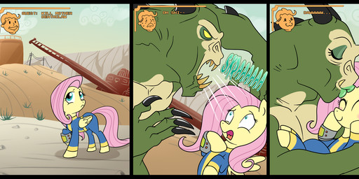 blue_eyes blush clothed clothing duo feathered_wings feathers female feral fur hair outside pink_hair quadruped suit tail text vault_suit wings yellow_body yellow_feathers yellow_fur madmax fallout friendship_is_magic hasbro microsoft my_little_pony mythology fluttershy_(mlp) deathclaw equid equine mammal mythological_creature mythological_equine pegasus scalie 2012 comic crossover english_text hi_res