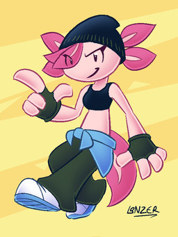 anthro beanie bottomwear clothing crop_top female fin fingerless_gloves footwear gesture gills gloves hand_gesture handwear hat headgear headwear looking_at_viewer oversized_bottomwear oversized_clothing oversized_pants pants pink_body pink_skin pointing pseudo_hair shirt shoes smile smirk tail tail_fin toony topwear conditional_dnp greenlinzerd rose_(greenlinzerd) amphibian aquatic axolotl mole_salamander salamander 3:4