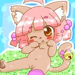 accessory anthro bell blush brown_body brown_eyes brown_fur chest_tuft clothing female flat_chested footwear fur furgonomics genitals grass hair navel nude one_eye_closed pawpads pink_hair plant pussy sitting socks solo tail tail_accessory tail_bell tuft young young_anthro young_female annyui0611 domestic_cat felid feline felis mammal 1:1