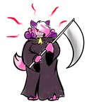 2023 anthro canid canine clothing death_(personification) female fox full-length_portrait grim_reaper hi_res mammal melee_weapon melody_amaranth polearm portrait red_eyes robe scythe simple_background solo super_lesbian_animal_rpg trans_(lore) trans_woman_(lore) weapon white_background winguthings