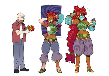 5_fingers bald basic_sequence beard belt bottomwear braided_hair breast_growth breasts clothing facial_hair female fingers footwear gender_transformation growth hair high_heels holding_mask human_to_humanoid humanoid_pointy_ears linear_sequence long_hair male mask mask_transformation mid_transformation mtf_transformation navel not_furry open_mouth pants pointy_ears red_hair shirt shoes smile solo species_transformation standing surprised three_frame_sequence topwear transformation transformation_sequence blackshirtboy gerudo human humanoid mammal 2022 absurd_res digital_media_(artwork) hi_res sequence