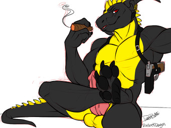 anthro balls big_feet cheek_horns chin_horn cigar cigar_smoke claws ear_piercing ear_ring erection facial_horn feet flexing flexing_bicep foot_focus genitals gun handgun holding_cigar holding_object horn knot knotted_penis long_ears looking_at_viewer male muscular muscular_anthro muscular_male nude nude_anthro nude_male pawpads paws pecs penis piercing pistol pistol_holster pits ranged_weapon ring_piercing shoulder_holster sitting smile smiling_at_viewer smoke smoking solo spiked_tail spikes spikes_(anatomy) spread_toes tail toe_claws toes weapon xenoforge mythology ernesto_(rebeldragon101) dragon mythological_creature mythological_scalie scalie 4:3