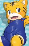 anthro clothing fangs fur half-closed_eyes hands_behind_head looking_at_viewer lying male narrowed_eyes on_back open_mouth overalls solo stripes teeth tongue yellow_body yellow_fur young young_anthro shomunona shimajiro felid mammal pantherine tiger 2023 5:8 hi_res