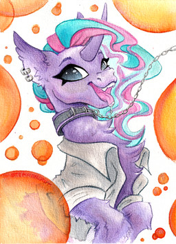 bodily_fluids chain collar curly_hair curved_horn ear_piercing ear_ring fangs female feral hair horn leash long_hair looking_at_viewer neck_tuft open_mouth piercing ring_piercing saliva saliva_on_tongue solo teeth tongue tongue_out tuft stirren hasbro my_little_pony mythology synthie_glitch bat_pony equid equine hybrid mammal mythological_creature mythological_equine unicorn absurd_res hi_res huge_filesize portrait traditional_media_(artwork)