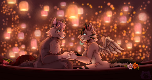 anthro boat duo eye_contact female floating_lantern floating_lights flower hand_holding lamp lantern lights logo looking_at_another love loving_gaze male male/female plant romantic romantic_ambiance romantic_couple romantic_night tail text vehicle watercraft wings fanty_imp disney tangled_(disney) catty_(catty.feline) daxter_wolfsky_(d4xt3r) canid canine canis domestic_cat felid feline felis hybrid mammal wolfdog absurd_res artist_logo artist_name hi_res signature