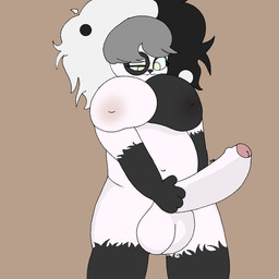 afro anthro balls belly big_balls big_breasts big_penis black_body black_fur breasts foreskin fur genitals green_eyes herm holding_penis intersex multicolored_body navel nervous nervous_smile overweight paws penis simple_background slightly_chubby solo white_body white_fur yin_yang abyss_arts bear giant_panda mammal 1:1