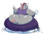 absurd_res annoyed anthro beverage big_butt bottomwear breath broken_furniture butt butt_cleavage butt_crush clothed clothing crush female food furniture gillpanda hair hi_res huge_butt huge_thighs mammal obese obese_anthro obese_female overweight overweight_anthro overweight_female pants pink_hair popcorn rhinoceros rose_(harryshark) sitting soda sofa solo thick_thighs yoga_pants