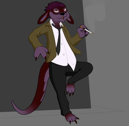 accessory anthro blazer button_(fastener) chest_tuft cigarette claws clothed clothing collar exhaling_smoke leaning leaning_backward long_ears long_tail looking_up male necktie oversized_clothing paws raised_hand raised_leg slicked_back_hair slightly_chubby small_nose smoke smoking solo suit tail tuft untucked_shirt whiskers villegreen mammal mustelid otter hi_res
