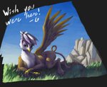 female feral grass looking_at_viewer lying on_side plant sky solo text wings eqlipse_(artist) friendship_is_magic hasbro my_little_pony mythology gilda_(mlp) avian gryphon mythological_avian mythological_creature