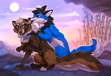 4_toes ambiguous_gender bite blue_body blue_fur blue_tail brown_body brown_fur brown_tail claws cloud countershade_fur countershade_torso countershading duo ear_bite ear_piercing feet feral fur inner_ear_fluff moon open_mouth outside pawpads paws piercing pink_eyes purple_eyes quadruped side_view sitting sky tail toe_claws toes tongue tongue_out tuft ketty cobalt_(texiefox) kita_tanuki canid canine canis mammal raccoon_dog tanuki wolf 2025 digital_media_(artwork)