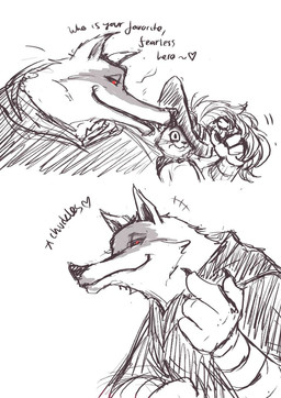 anthro clothed clothing duo flirting fluffy grin interspecies male male/male red_eyes shocked size_difference smile teasing text ultimatellurker dreamworks puss_in_boots_(franchise) death_(puss_in_boots) puss_in_boots_(dreamworks) canid canine canis domestic_cat felid feline felis mammal tabby_cat wolf english_text hi_res