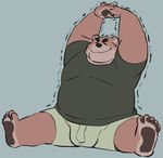 anthro bottomwear clothing eyes_closed kemono male overweight overweight_male plantigrade shirt shorts simple_background sitting solo stretching topwear 00murice bear mammal 2022 digital_media_(artwork)