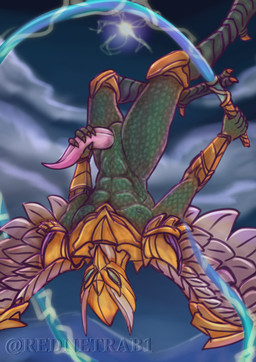 anthro electricity flying genitals green_body green_eyes lightning male masturbation penetration penis pink_penis sky slit_penetration slit_penis slit_play solo wings rednetrab69 mobile_legends kaja_(mlbb) avian bird hi_res