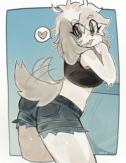 anthro big_breasts big_butt black_clothing black_eyes black_topwear blush bottomwear bra_strap breasts butt clothing crop_top dark_ears dark_tail denim denim_bottomwear denim_clothing denim_shorts eyeliner female floppy_ears fluffy fur hair heart_symbol hotpants long_ears looking_back lop_ears makeup messy_hair navel open_mouth shirt shorts simple_background solo tail tail_motion tailwag tan_body tan_fur topwear uovo ume_(uovo) canid canine canis domestic_dog mammal hi_res