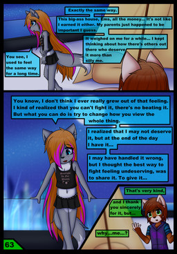 adolescent alternative_fashion anthro black_border border bottomwear clothing dialogue duo emo female male midriff navel punk skirt text young dream_mirage axel_biersack kayla_kitsune ailurid canid canine canis fox hybrid mammal red_panda wolf comic english_text hi_res