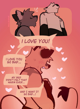 anthro arm_markings bodily_fluids brown_body clothed clothing dialogue duo ear_piercing hand_on_chest heart_symbol i_love_you love_declaration male male/male markings nervous nervous_sweat piercing shoulder_markings speech_bubble star_(marking) surprised sweat tail tail_tuft text thin_tail topless tuft rygel_spkb milo_(rygel_spkb) yoby_(rygel_spkb) canid canine canis gerbil hybrid mammal murid rodent wolf absurd_res artist_name comic english_text hi_res red_theme