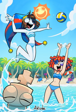 anthro ball beach bikini clothing clown crotch_lines doll eyelashes female female/female glistening_eyelids group happy long_eyelashes male motion_lines navel not_furry_focus rag_doll_(toy) ribbons smile sport sun swimming swimwear two-piece_swimsuit volleyball volleyball_(ball) akiione glitch_productions the_amazing_digital_circus gangle_(tadc) jax_(tadc) kinger_(tadc) pomni_(tadc) ragatha_(tadc) sun_(tadc) zooble_(tadc) animate_inanimate digital_creature human humanoid lagomorph leporid living_chess_piece living_doll living_sun mammal rabbit hi_res nonbinary_(lore)