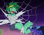 5_toes ankles_tied arthropod_webbing blush bodily_fluids bound feet female green_body green_hair green_skin hair humanoid_feet plantigrade solo tears tickle_torture tickling tickling_feet toes web_bondage irkingir shantae_(series) wayforward rottytops arachnid arthropod human humanoid mammal spider undead zombie