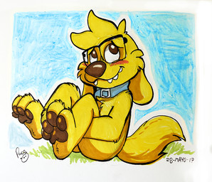 anthro blue_collar brown_eyes brown_pawpads closed_smile collar eyewear floppy_ears fur glasses glistening glistening_eyes head_tuft logo male mouth_closed no_pupils nude pawpads rectangular_glasses sitting smile solo tail tuft yellow_body yellow_ears yellow_fur yellow_tail young young_anthro young_male pandapaco monty_carlo canid canine canis domestic_dog mammal 2017 artist_logo dated signature