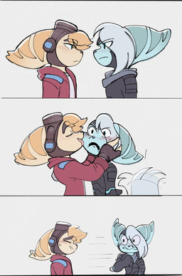 3_panel_comic anthro biped black_clothing black_topwear blue_body blue_eyes blue_fur blush brown_clothing brown_gloves brown_handwear clothed clothed_anthro clothed_male clothing duo eyewear eyewear_on_head fingerless_gloves fluffy fluffy_tail fur gloves goggles goggles_on_head hair handwear jacket licking licking_another male male/male male_anthro red_clothing red_jacket red_topwear simple_background standing striped_ears tail tail_motion tailwag tan_body tan_fur tongue tongue_out topwear white_background time_fluffy500 ratchet_and_clank sony_corporation sony_interactive_entertainment mopz_(ratchet_and_clank) sprocket_(ratchet_and_clank) lombax mammal comic digital_media_(artwork) hi_res