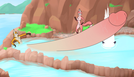 anthro bathing big_penis brown_markings detailed_background duo erection female fin fur genitals hair hot_spring huge_penis hyper hyper_genitalia hyper_penis male markings nude onsen orange_body orange_fur penis pink_body pink_fur short_hair tan_body tan_fur water pangenus ranara aquatic canid canine fish fox mammal shark hi_res