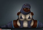 anthro armwear big_breasts bra breasts clothing cosplay costume elbow_gloves female gloves handwear long_socks looking_at_viewer overweight smile smiling_at_viewer solo text thick_thighs underwear lovemummification godzilla_(series) toho abigail_merriwick godzilla bear mammal hi_res url