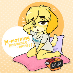 alarm_clock clock dialogue dog_bed female hair_down loose_shirt pet_bed pillow tired waking_up dm29 animal_crossing nintendo isabelle_(animal_crossing) canid canine canis domestic_dog mammal shih_tzu toy_dog 1:1 hi_res