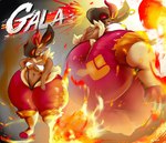 anthro breasts cleavage clothed clothing ear_piercing ear_ring female fire huge_thighs hyper hyper_thighs piercing ring_piercing solo thick_thighs rchammer nintendo pokemon gala_(carmessi) cinderace generation_8_pokemon pokemon_(species) hi_res