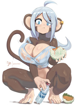 anthro big_breasts biped blue_eyes blush bodily_fluids bottle breast_squish breasts brown_body brown_fur cleavage clothed clothing container ear_piercing ear_ring eating eating_food eyelashes female food fruit fur hair holding_bottle holding_container holding_food holding_fruit holding_melon holding_object holding_water_bottle huge_breasts melon navel off-shoulder_top off_shoulder_shirt piercing plant prehensile_tail prehensile_toes ring_piercing shirt simple_background small_waist solo squish sweat tail tan_body tan_skin thick_eyelashes topwear translucent translucent_clothing translucent_topwear water_bottle wet wet_body wet_breasts wet_clothing wet_fur wet_shirt wet_thighs wet_topwear white_hair wide_hips geistbox luna_(geistbox) haplorhine mammal monkey primate absurd_res hi_res