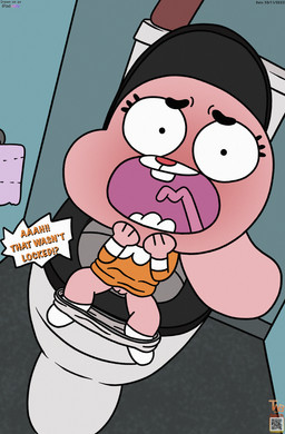 anthro bathroom dialogue embarrassed female genitals pooping public_restroom qr_code restroom_stall sitting sitting_on_toilet solo speech_bubble surprised toilet toilet_paper toilet_use vulva walk-in yelling_at_viewer young young_anthro young_female thedispenser69 cartoon_network the_amazing_world_of_gumball anais_watterson lagomorph leporid mammal rabbit hi_res