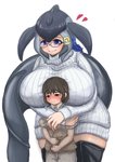 age_difference big_breasts blue_eyes blush breasts brown_eyes brown_hair clothing duo embarrassed eyewear female glasses hair heart_symbol huge_breasts legwear long_tail male older_female pseudo_hair shirt simple_background size_difference sweater tail thigh_highs topwear young younger_male teruduki kemono_friends blue_whale_(kemono_friends) captain_(kemono_friends) animal_humanoid cetacean cetacean_humanoid human humanoid mammal marine marine_humanoid