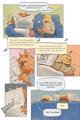anthro biped dialogue duo eyewear freckled_face freckles fur furniture glasses male on_sofa orange_body orange_fur photo profanity reading_newspaper sitting sitting_on_sofa sofa text wearing_glasses yellow_body yellow_fur frune_ei01 dog_man_(series) dog_man_(character) petey_the_cat canid canine canis domestic_cat domestic_dog felid feline felis mammal 2025 comic english_text hi_res